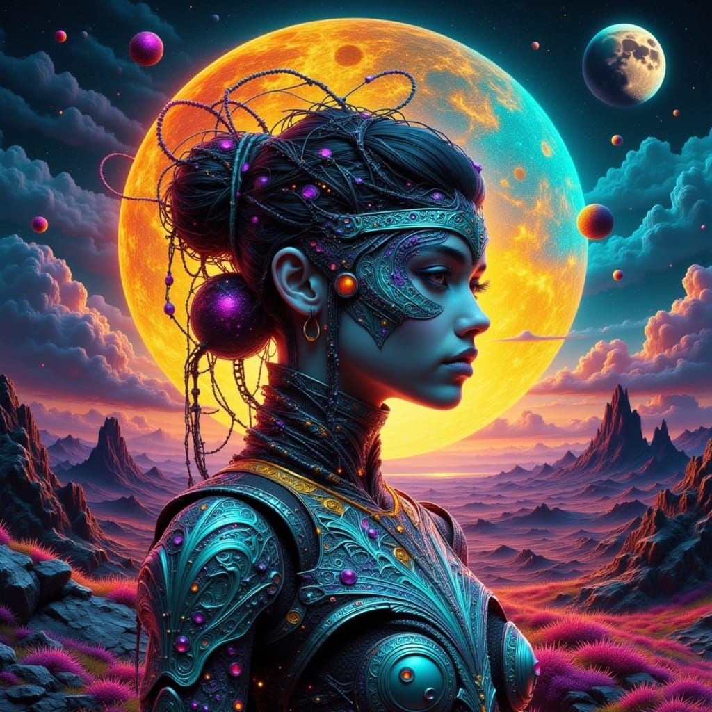 Otherworldly Being with Neon Armor on Moon