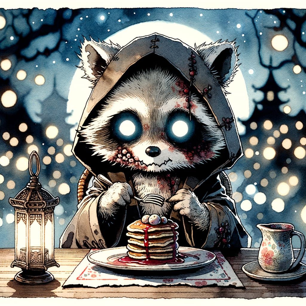 Undead Raccoon Enjoys Pancakes in Ukiyo-e Style
