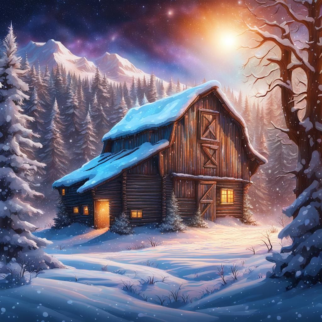 Snowy Barn in Forest: Cosmic Holographic Illustration