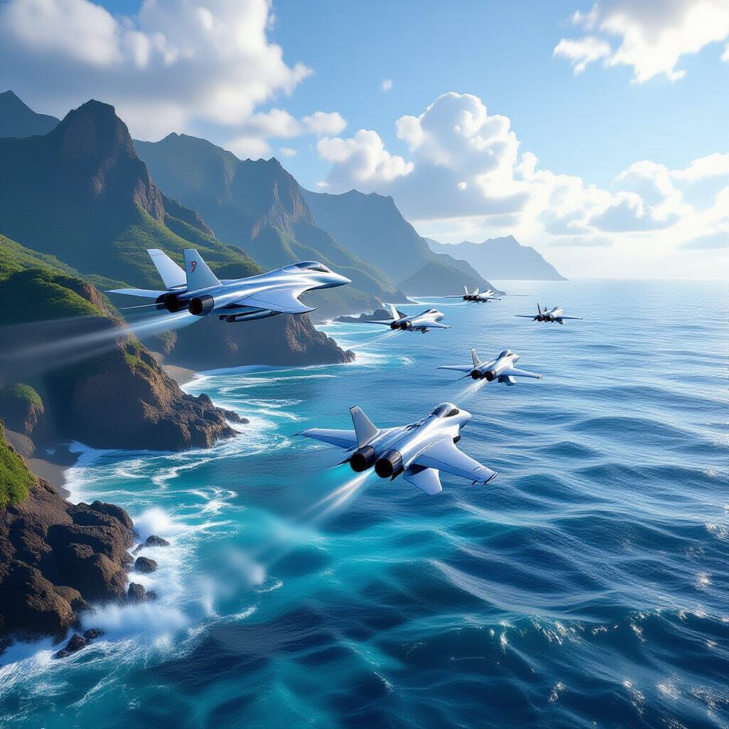 Modern Jets Soaring Over Coastal Landscape in Cinematic Styl...