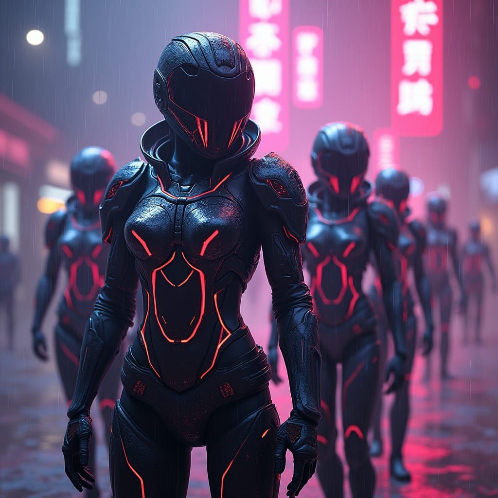 Futuristic Warriors in Neon Armor in Virtual World