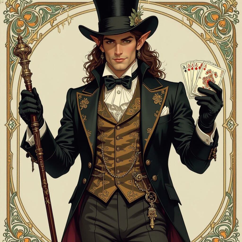 Half Elf in Medieval Attire with Playing Cards