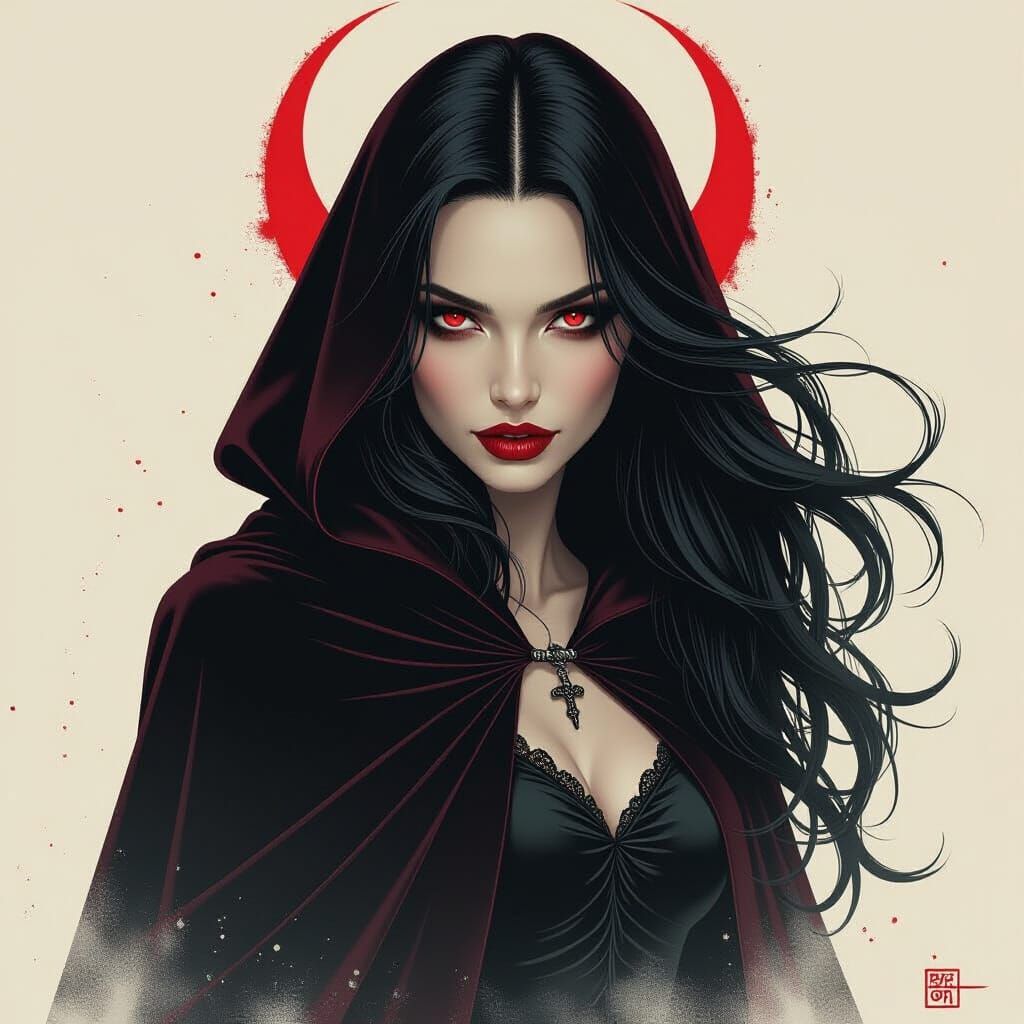 Vampire Woman with Fangs in a Haunting Style