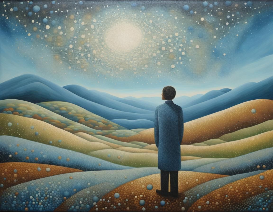 Surrealist Figure with Landscape, Pointillism Oil Painting