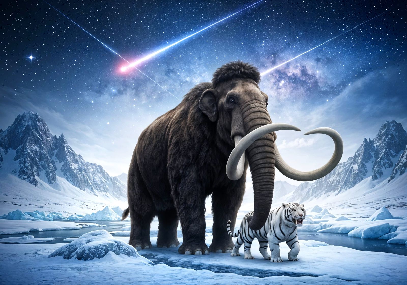 Mammoths and Tigers Under a Starry Sky