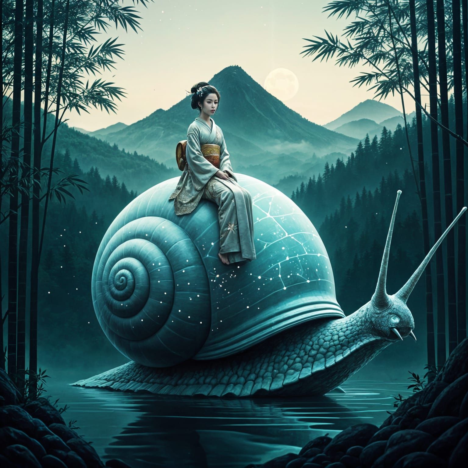 Serene Geisha Amidst Glowing Celestial Snail
