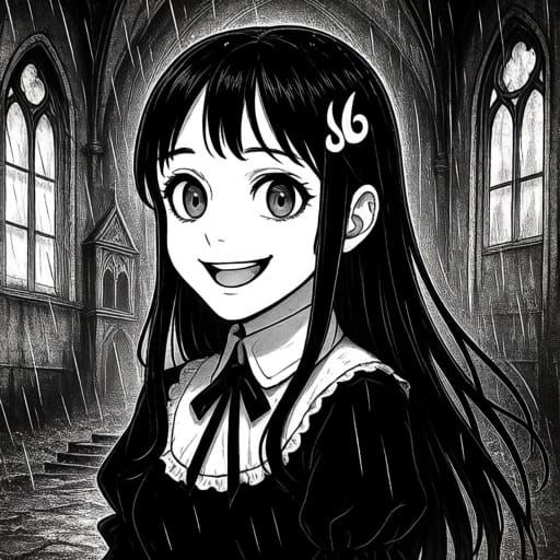 Smiling Woman in Spooky Church, Pen and Ink Manga