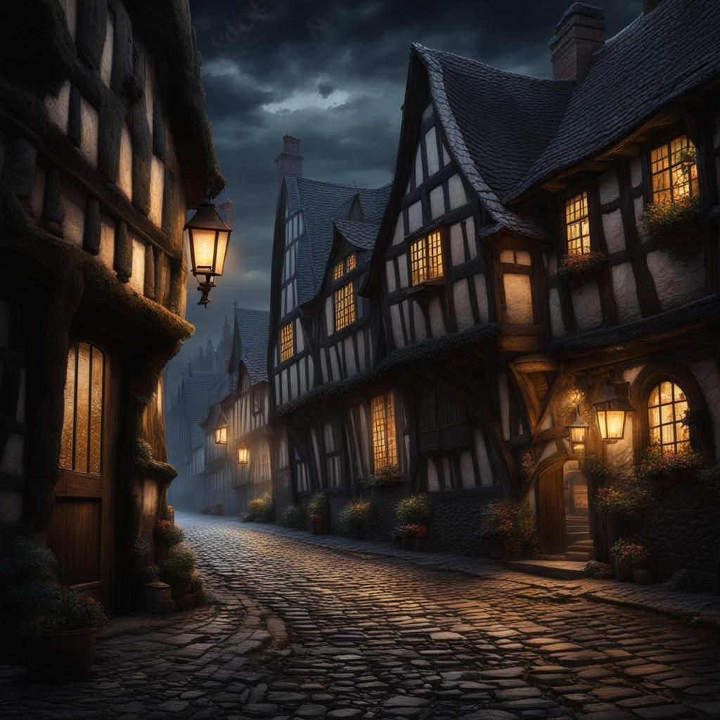 Mystical Medieval Street at Night as Oil Painting