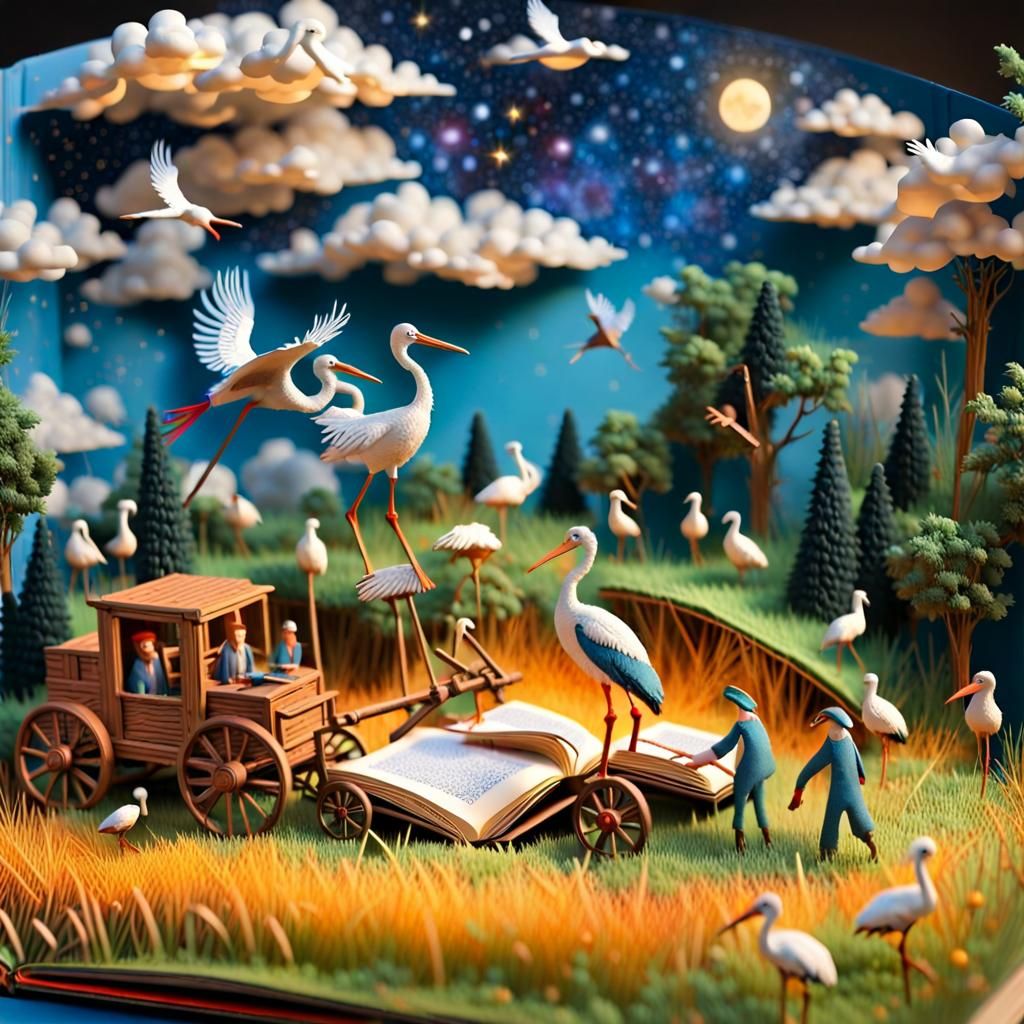 Magical Pop-Up World with Storks in Cosmic Colors
