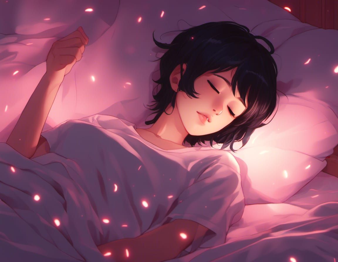 Anime Style Woman Sleeping in Bedroom at Night