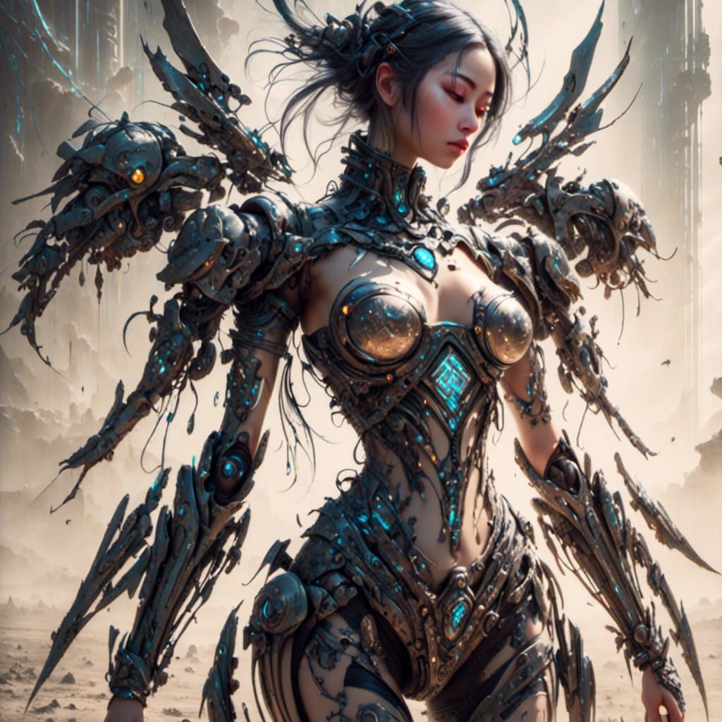 Asian Cyborg Woman Between Giant Mechs