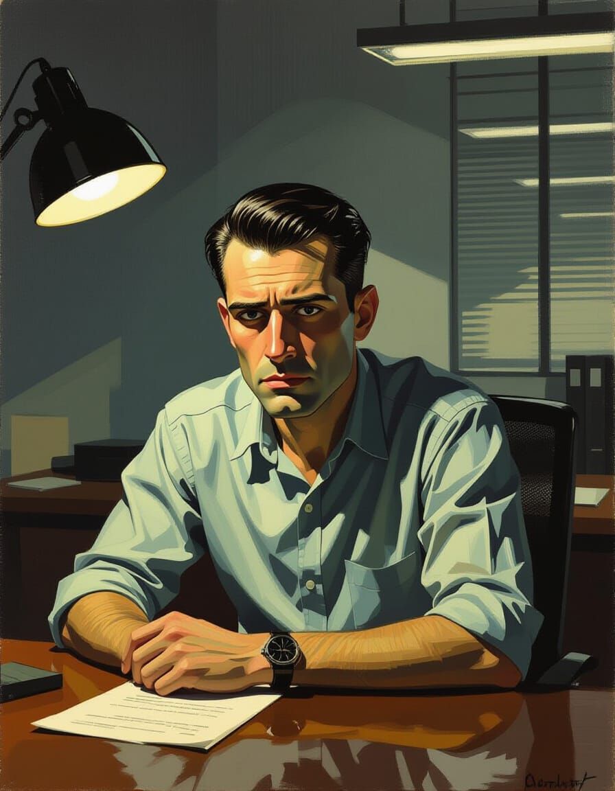 Man Feeling Ill at Office Desk in Film Noir Style