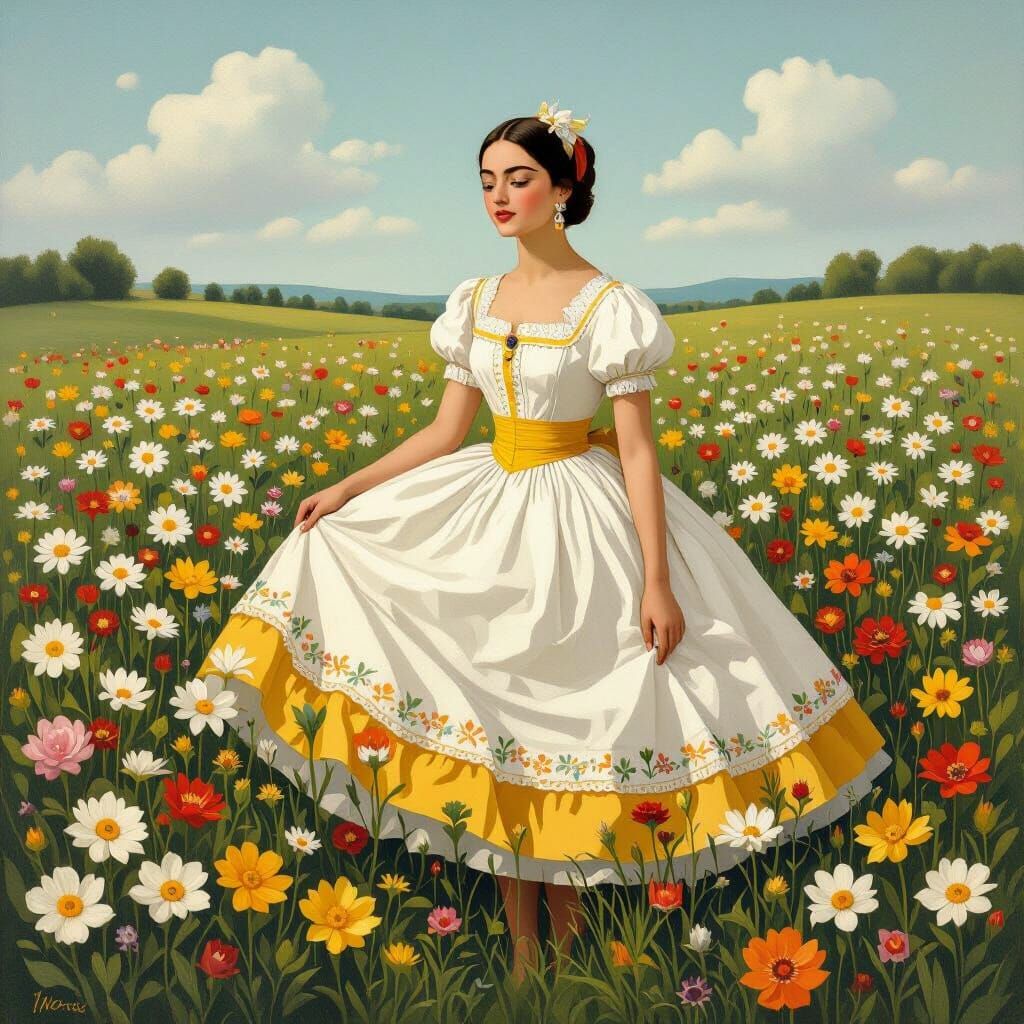 Woman in Naïf Meadow of Daisies and Narcissi