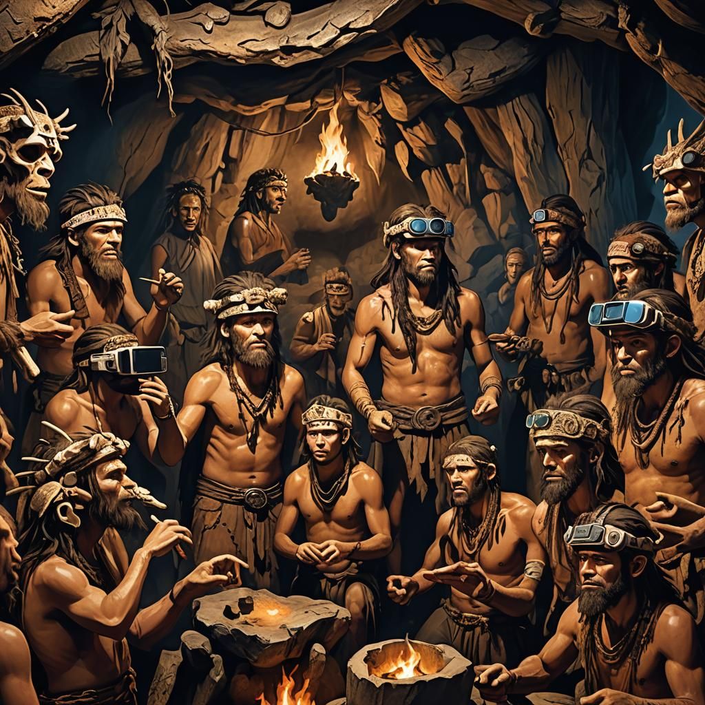 Cavemen in a prehistoric setting, gathered around a virtual ...