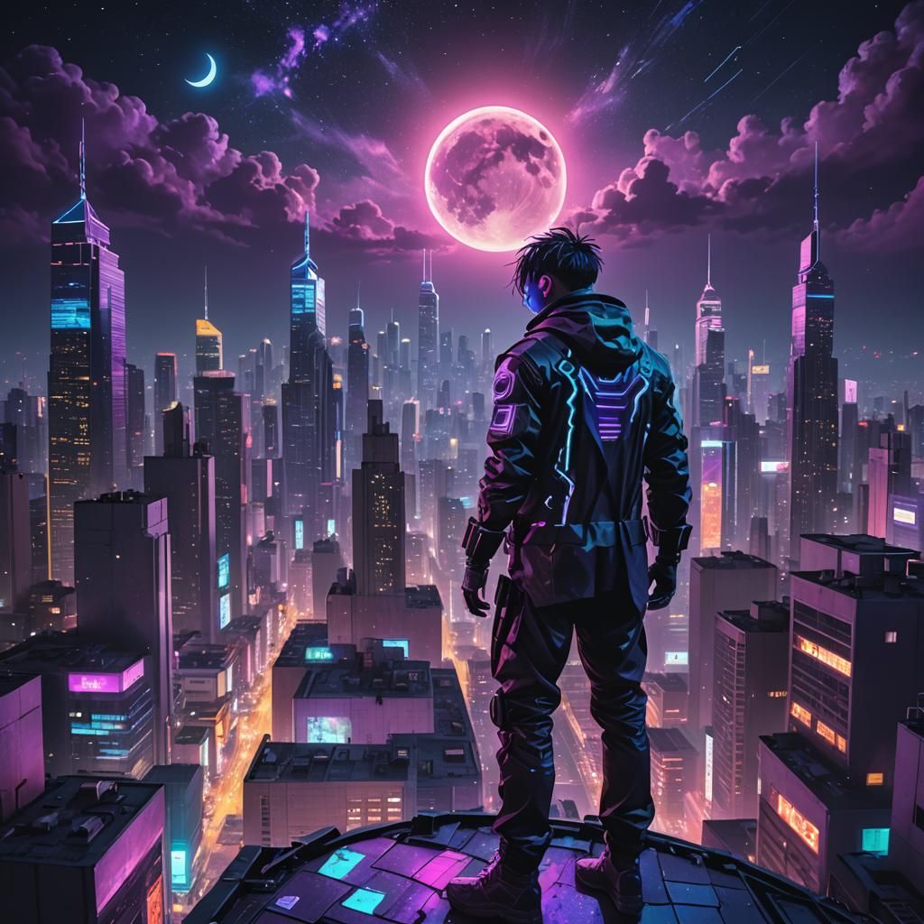 Cyberpunk Cityscape Under Starry Night Sky