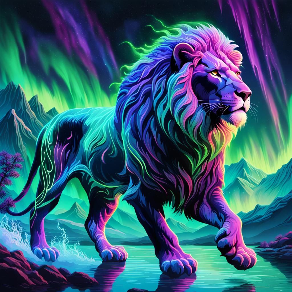 Neon Lion Jumps Through Cosmic Flames