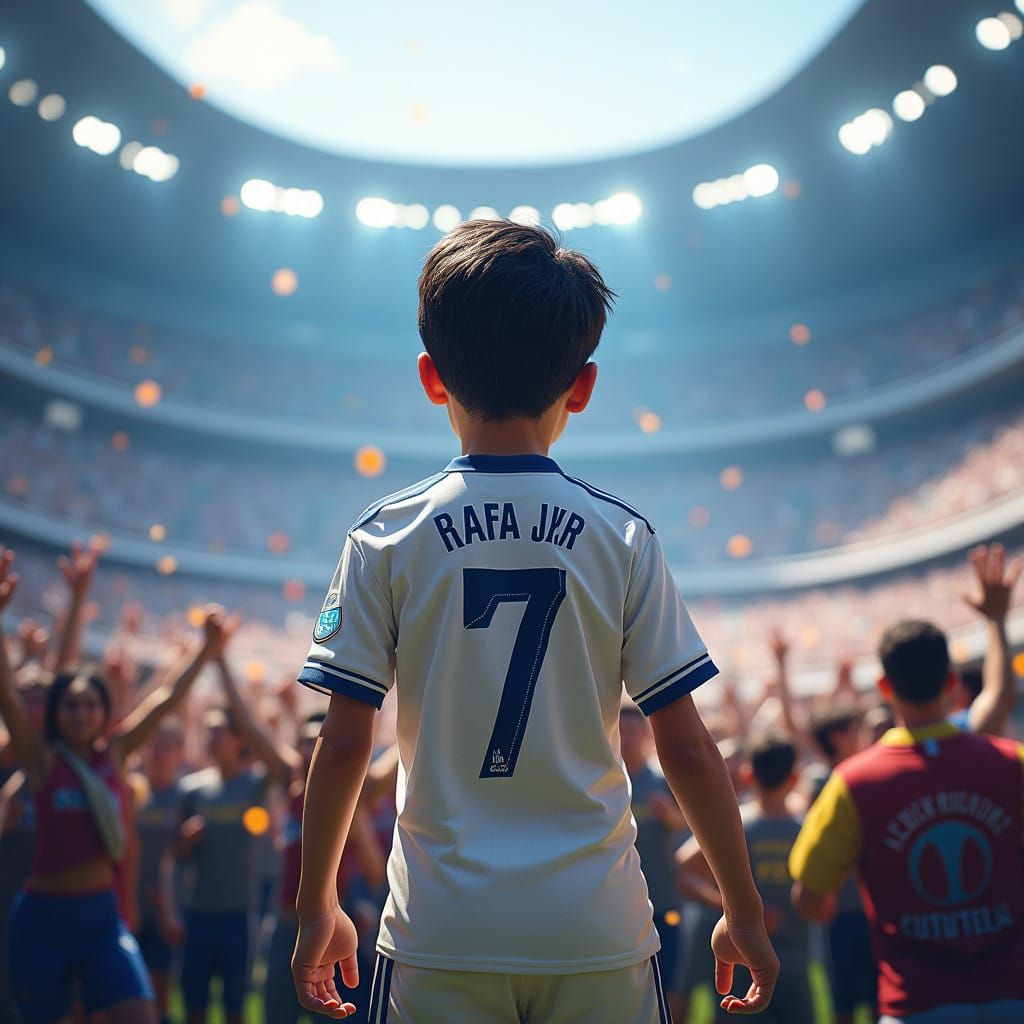 Triumphant Young Fan Soars in Packed Bernabeu Stadium