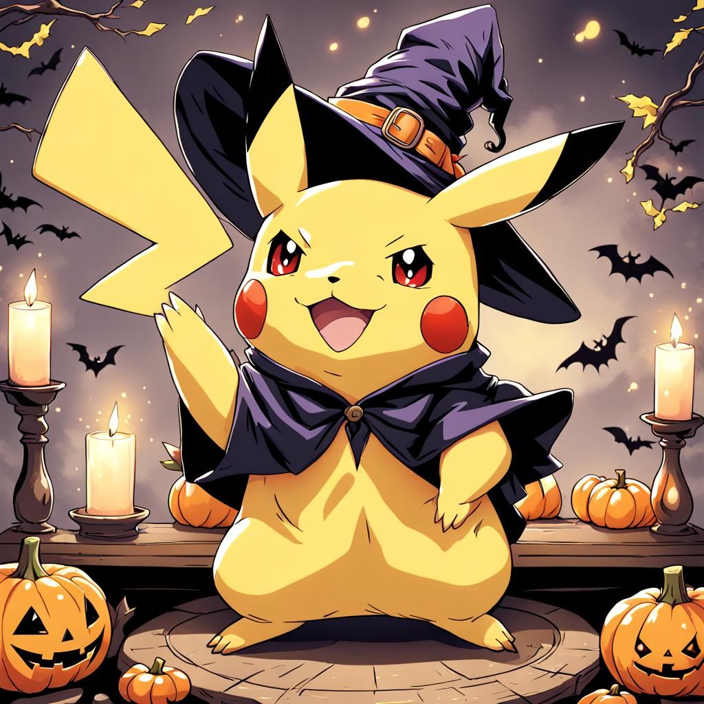 Pikachu as Halloween Witch in Anime Style