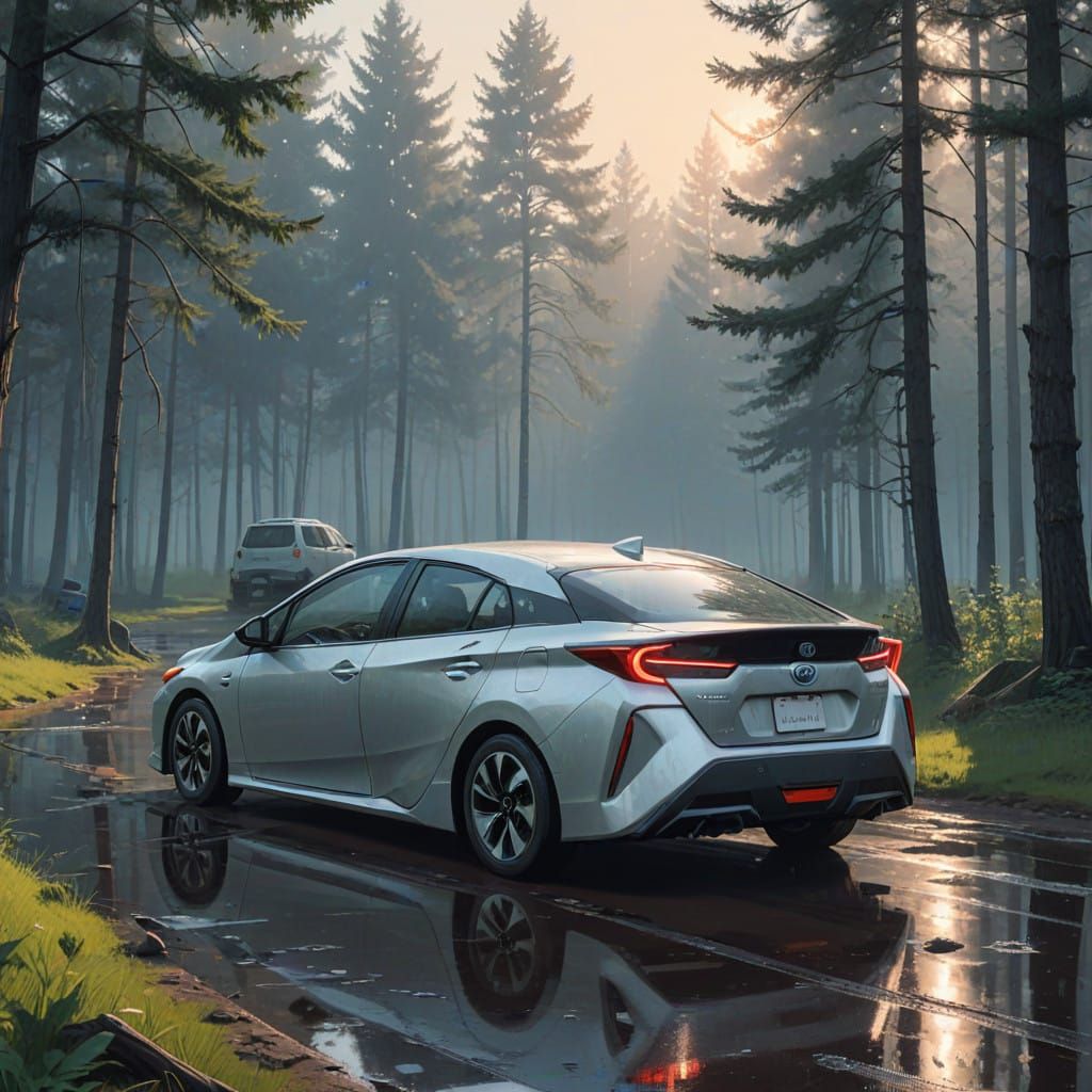 Sleek Silver Toyota Prius Prime in Futuristic Morning Landsc...