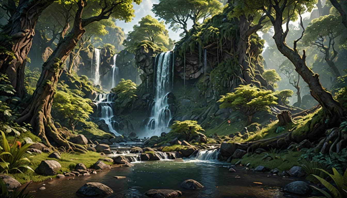 Lush Forest Creek and Waterfall: Detailed Matte Painting