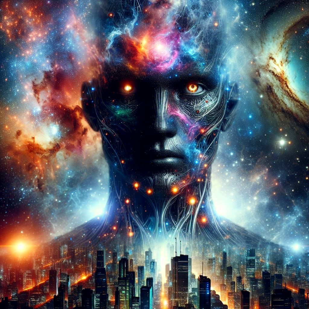 Cosmic Warrior of Hope in Futuristic Double-Exposure