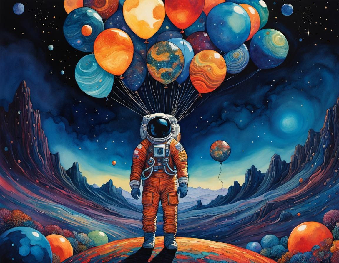 Astronaut with Planet Balloons in Whimsical Illustration