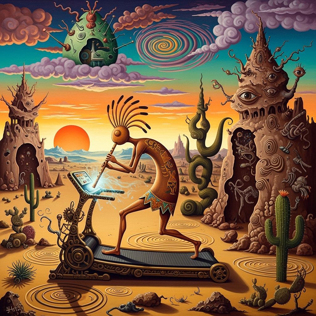 Surreal Kokopelli Running on Treadmill in Desert Landscape