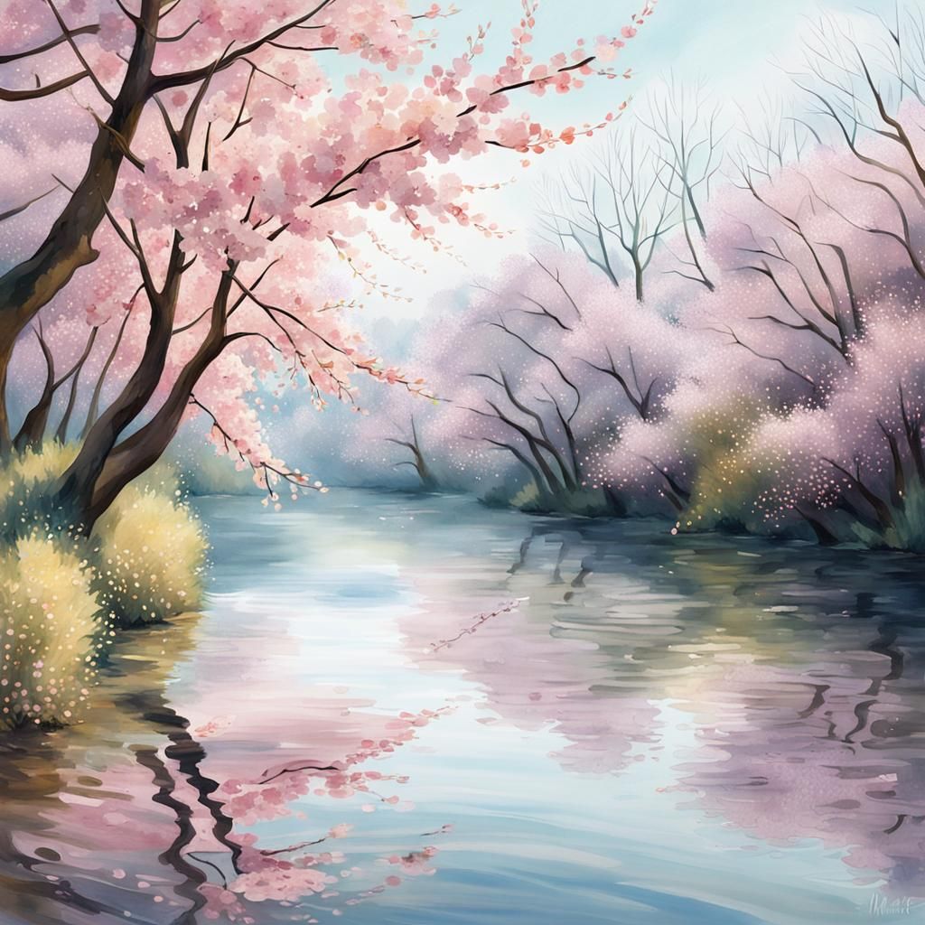 Surreal Cherry Blossom River in Watercolor Style