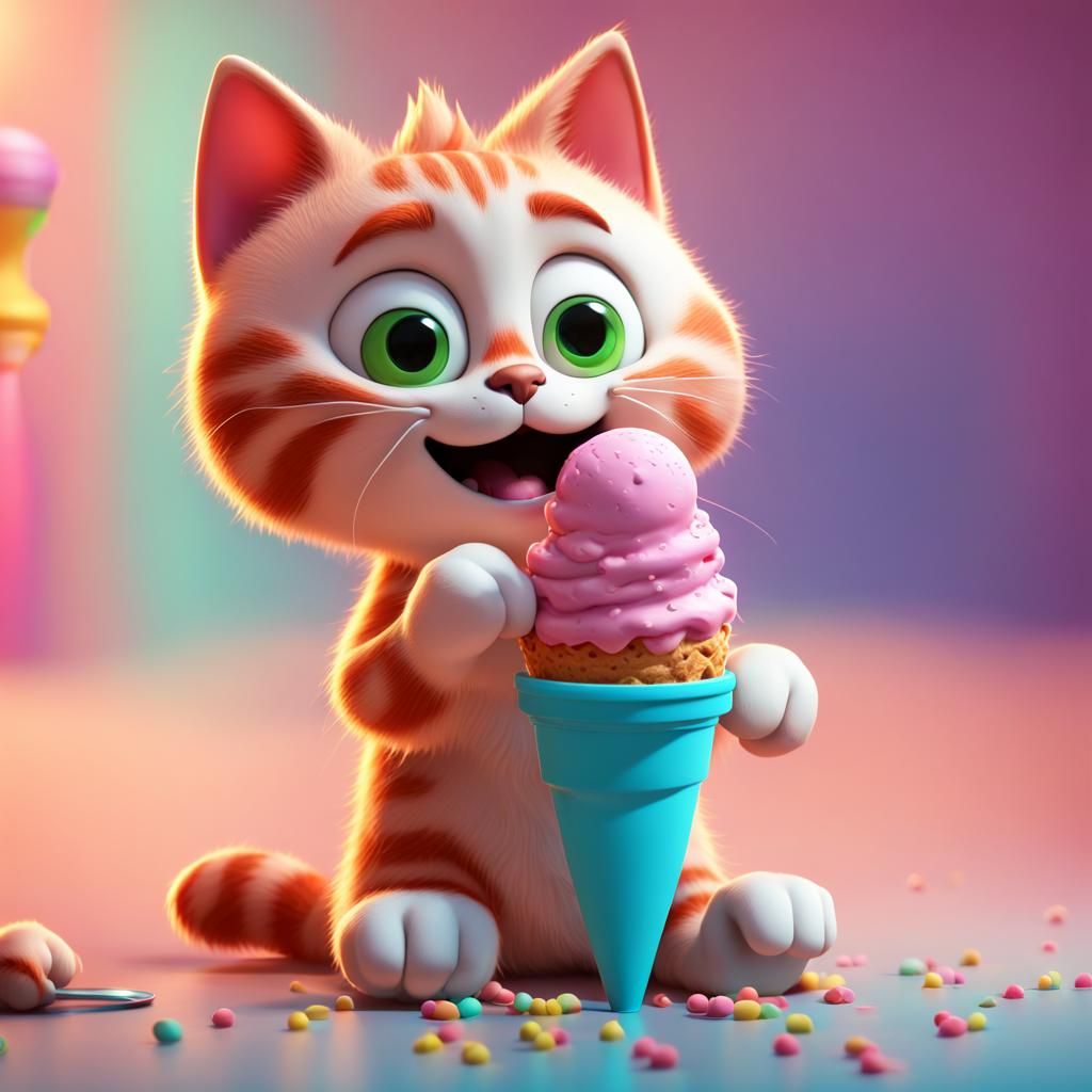 Cat Eating Ice Cream in Pixar 3D Style