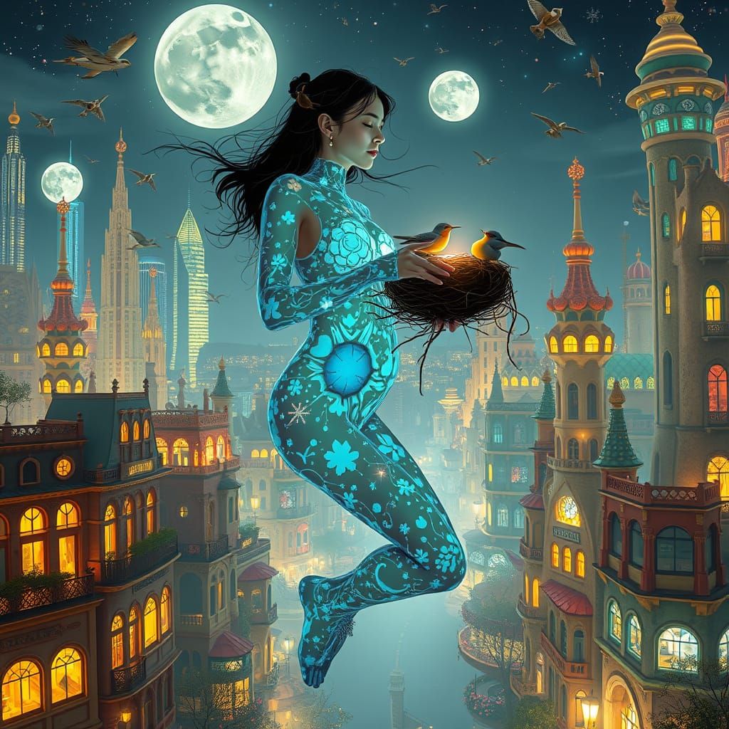 Bioluminescent Figure Over Gaudi Cityscape at Night