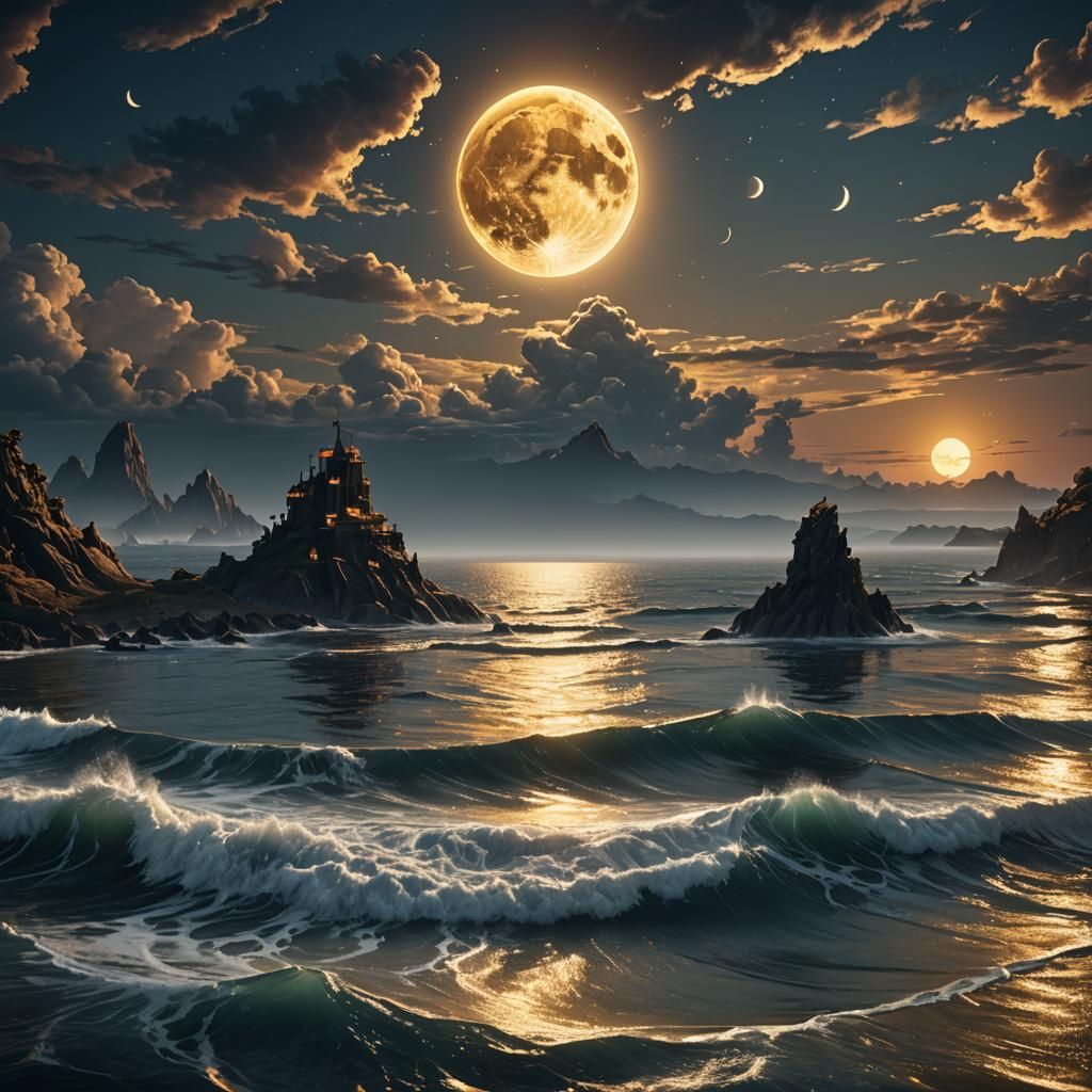 Golden Moon Reflections on Ocean: Detailed Digital Painting