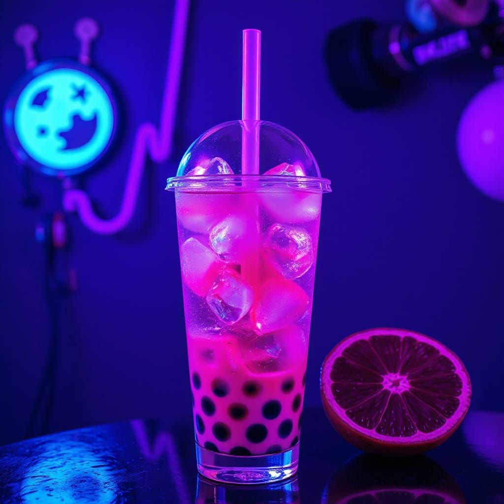 Colorful Iridescent Bubble Tea in Memphis Design Style