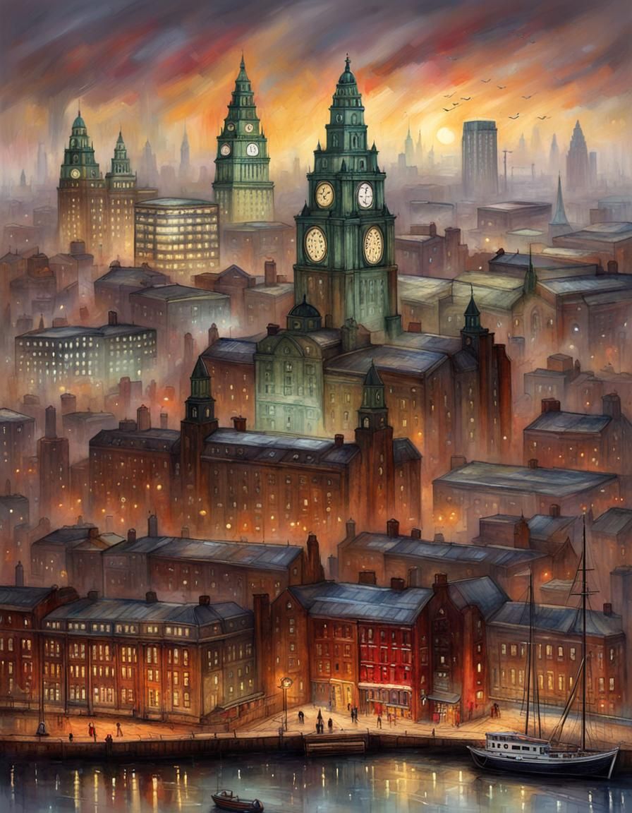 Liverpool Skyline in Illustrative Fantasy Art Style