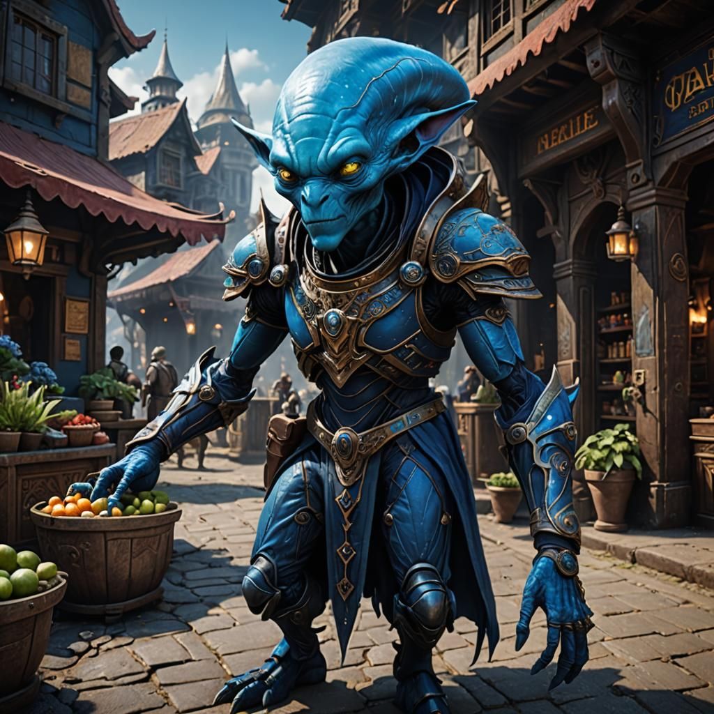 Friendly Blue Alien Merchants with Advanced Technology