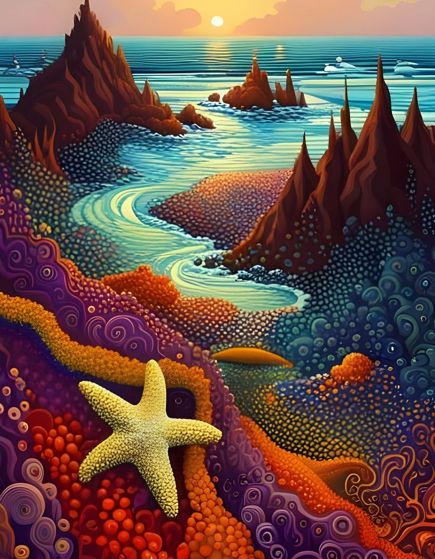 Surreal Tide Pool with Colorful Starfish and Urchins