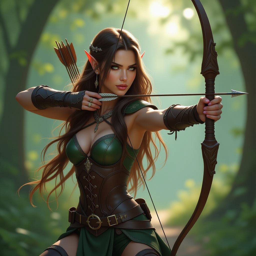 Elven Huntress Poised in Forest, Hyperrealistic Rendering