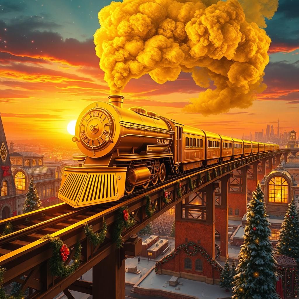 Golden Train Bridges Christmas City, Art Nouveau Style