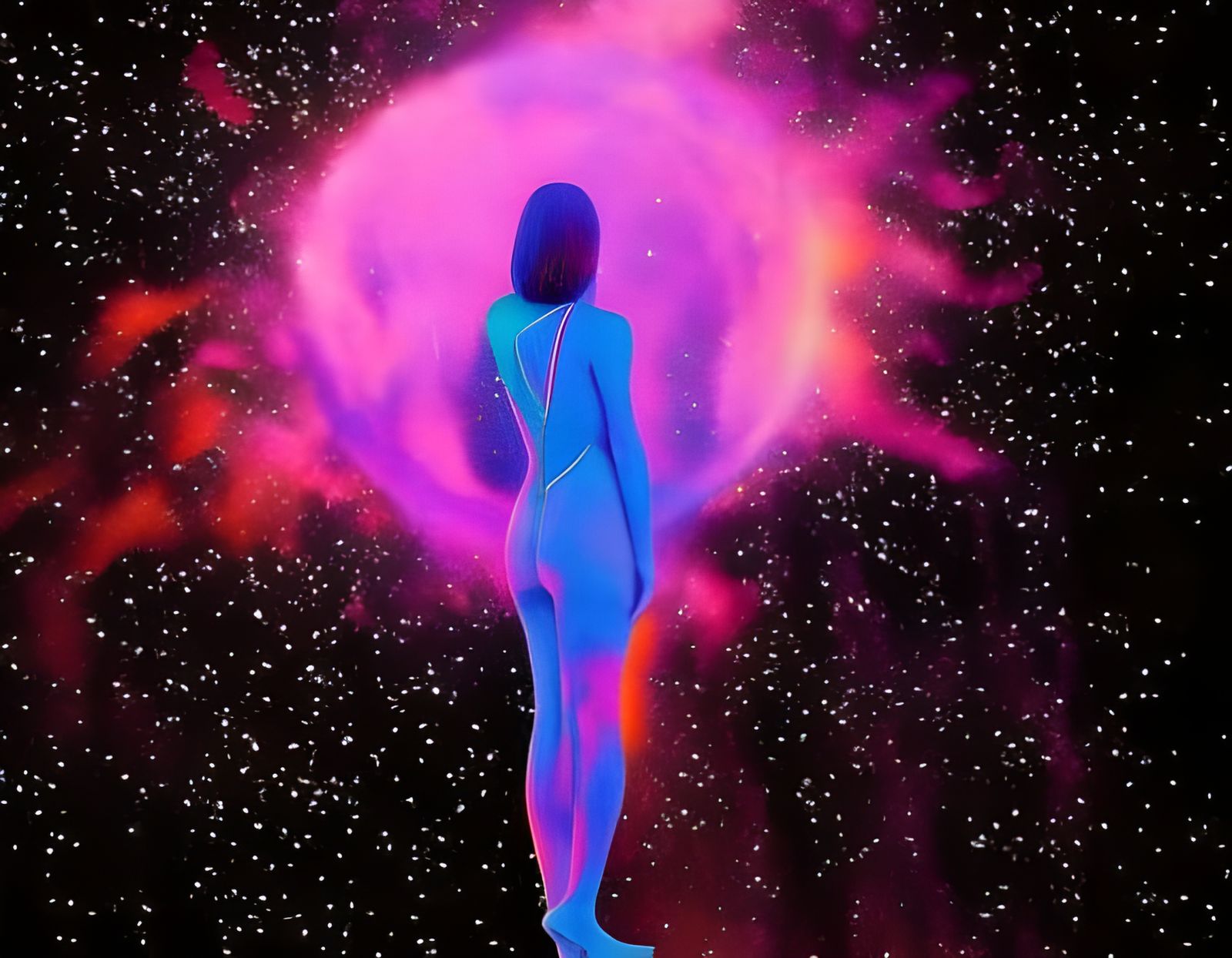 Girl Watches Galaxy Explosion in Splash Art Style