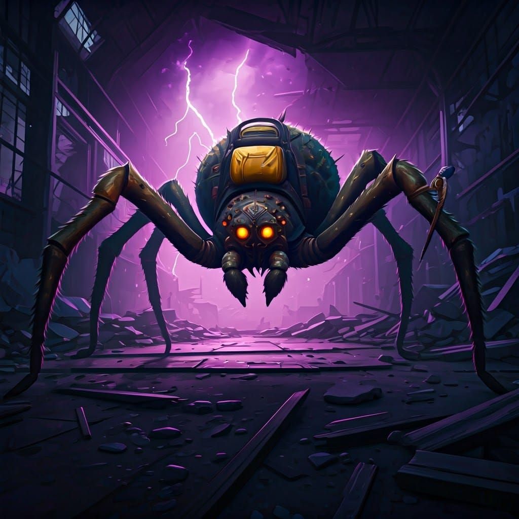 Gigantic Spider in Abandoned Warehouse with Fortnite Storm
