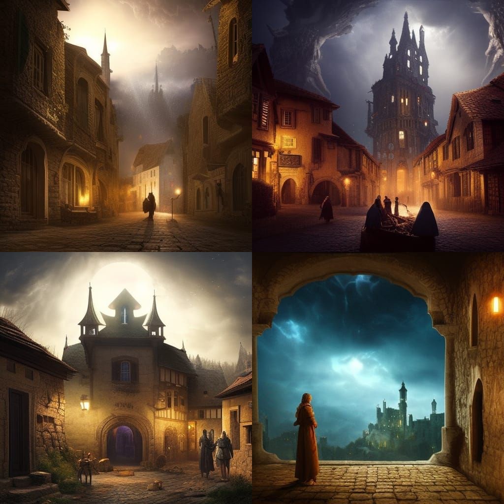 Medieval Village Under Giant Creature, Digital Painting