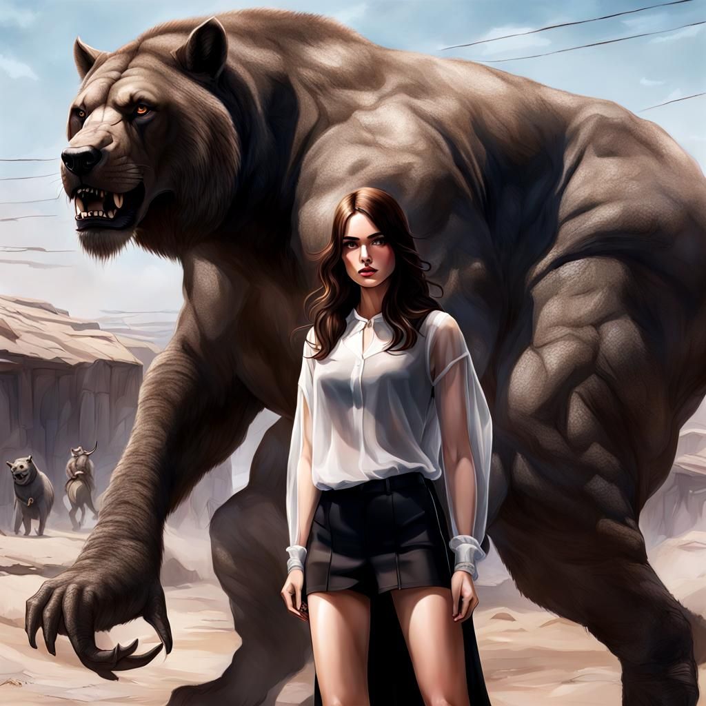 Brunette with Mythical Beasts in Sheer Fabric