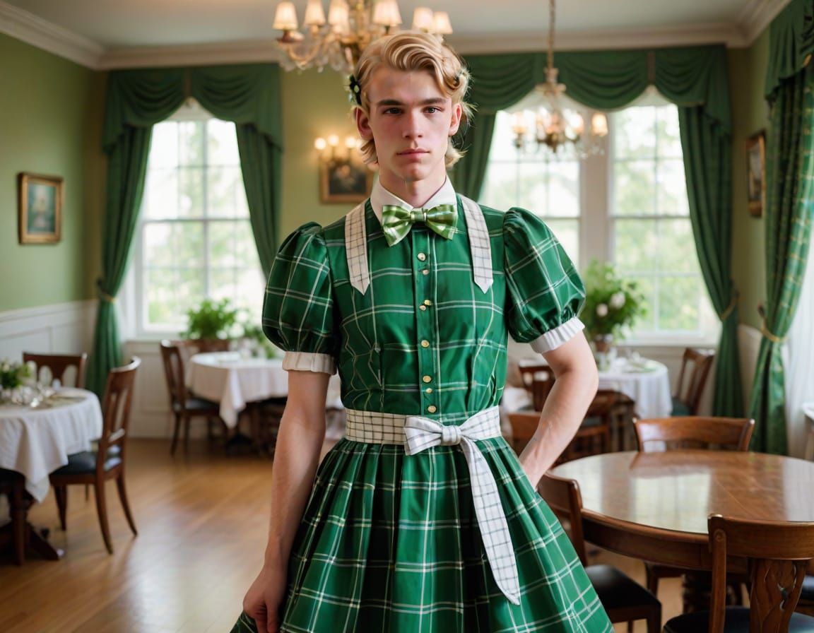Gorgeous Crossdressing Boy in Plaid Dress with Pigtails