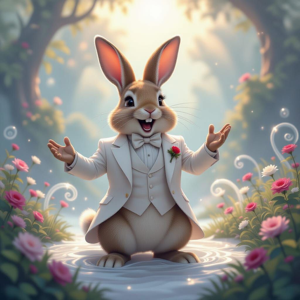 Anthropomorphic Rabbit in White Suit Sings in Spanish