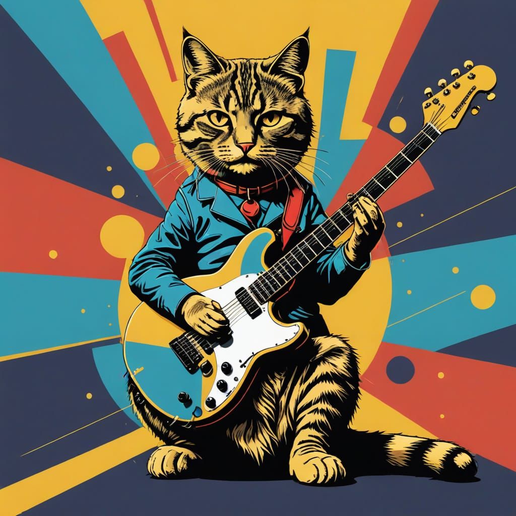 Cat Rocks Out in Psychedelic Guitar Band