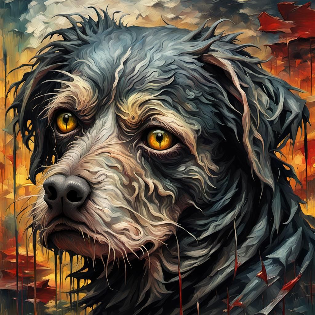 Disturbing Gothic Dog Portrait with Impasto Texture
