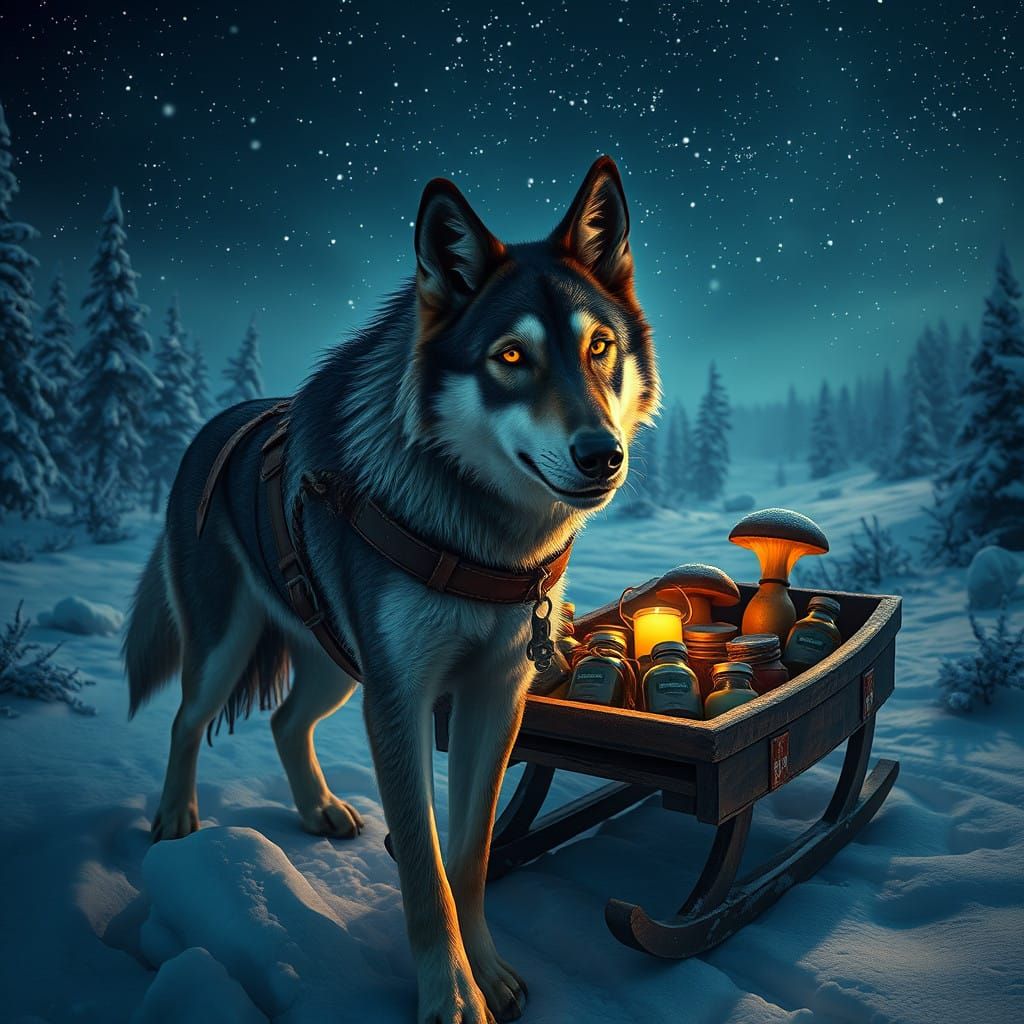 Majestic Wolfdog Guides Winter Sleigh Through Starry Night