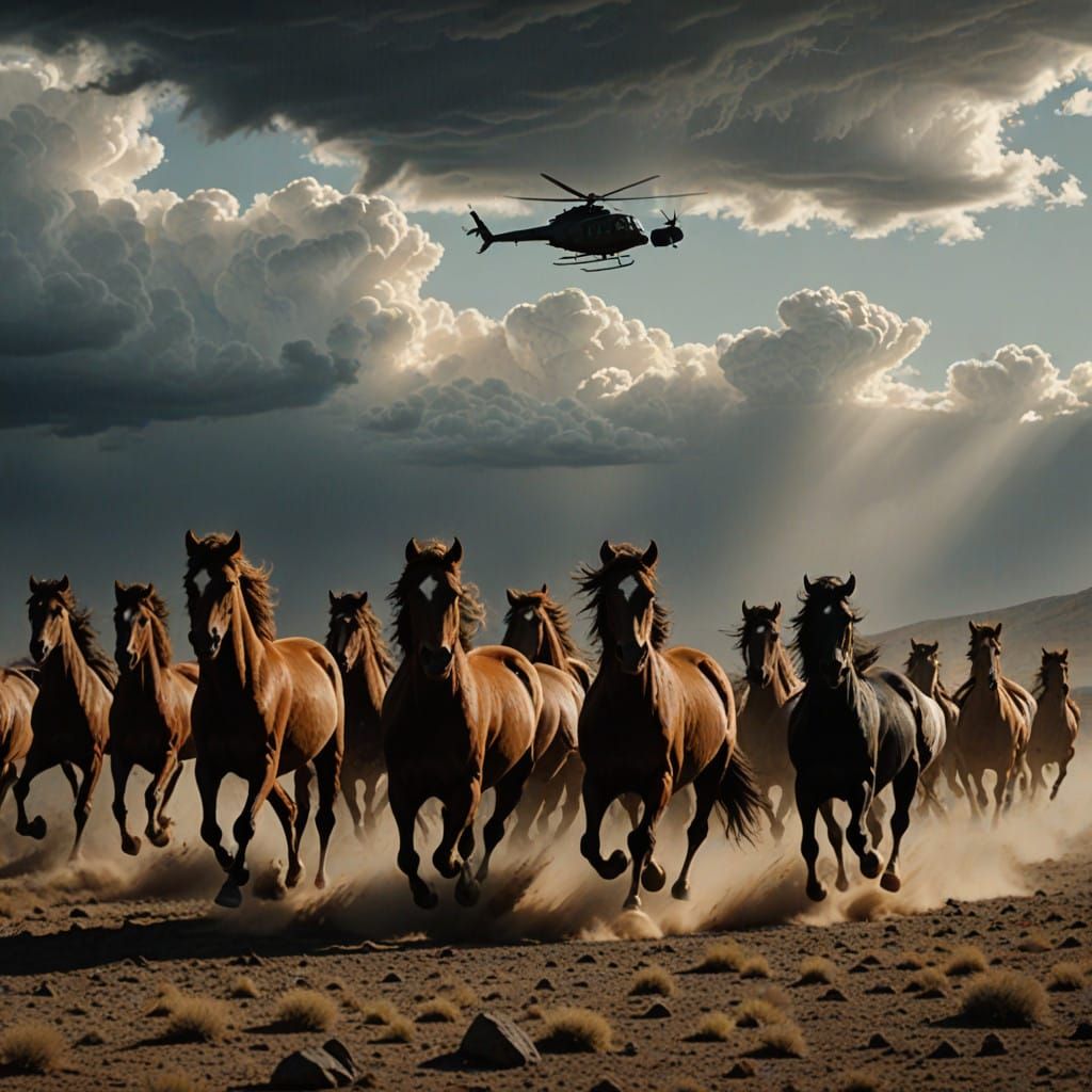 Wild Horses Galloping Free in a Stormy Landscape
