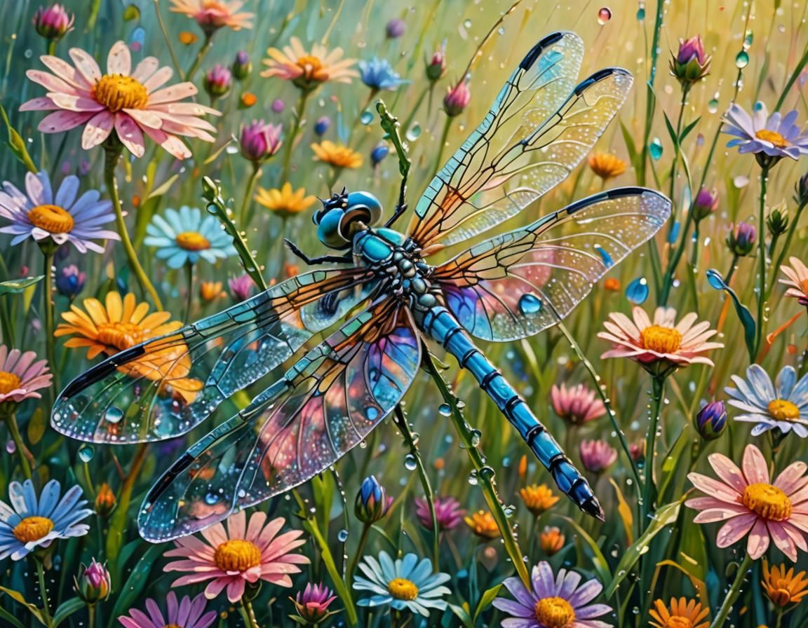 Pastel Dragonfly on Colorful Meadow in Expressionist Style