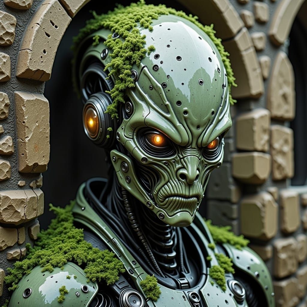 Futuristic Helmet Half-Buried in Medieval Wall