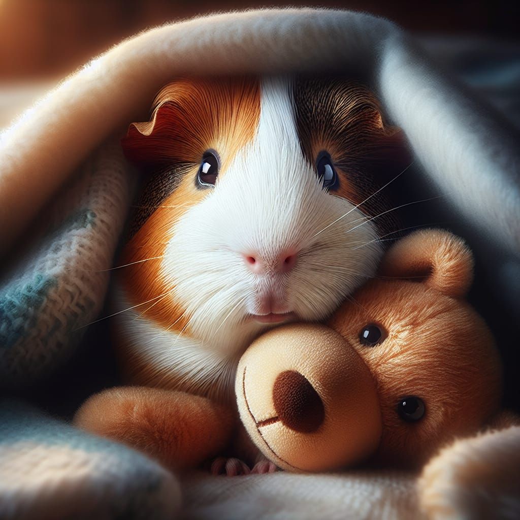 Hyperrealistic Guinea Pig Snuggles with Teddy Bear